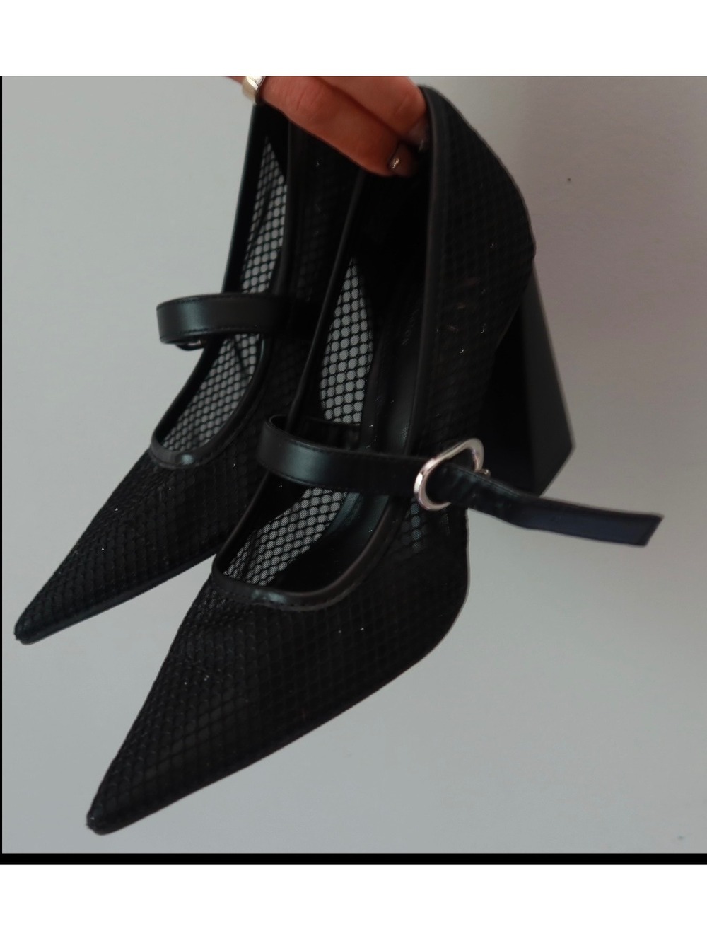 Black Mesh Pointed Toe Mary Jane Block Heels